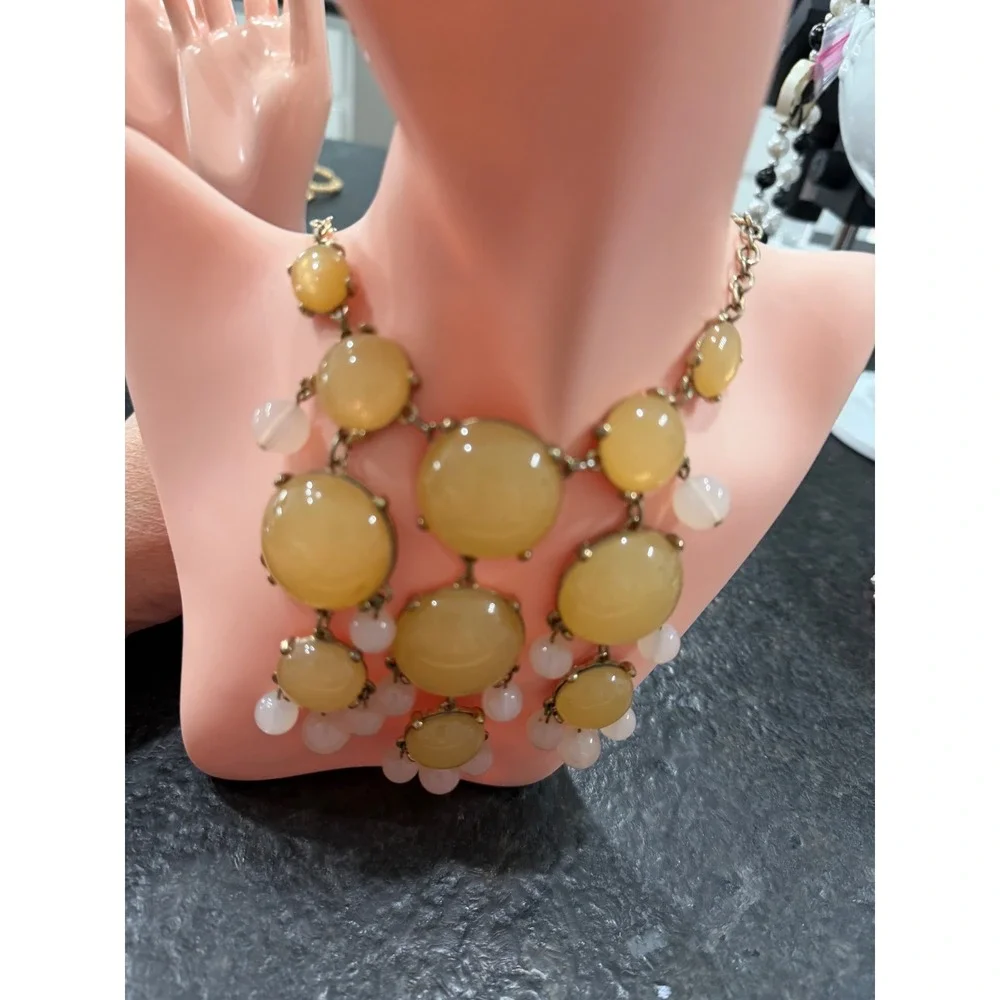 Yellow Resin Bib Statement Necklace Brushed Gold Tone Contemporary Jewelry